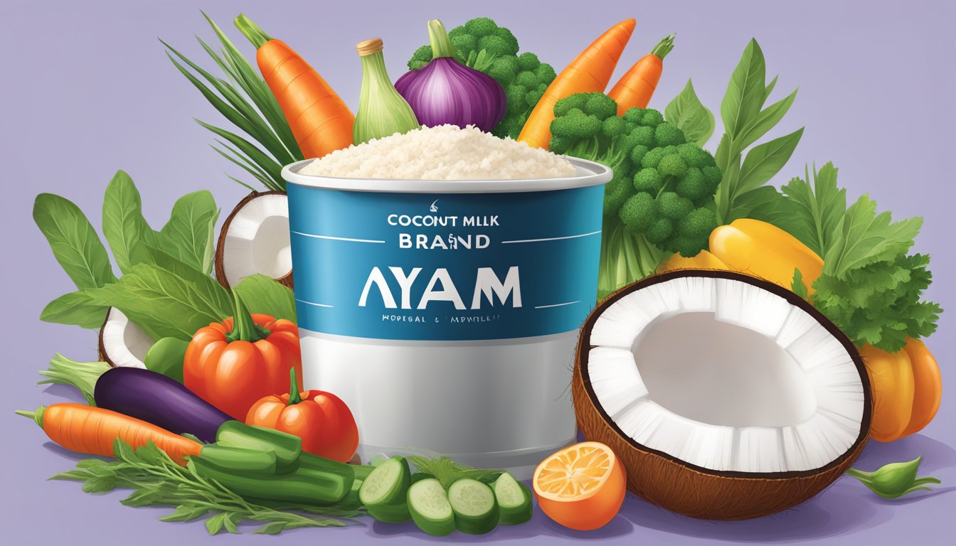 A bowl of vibrant vegetables and herbs surround a can of Ayam Brand coconut milk, showcasing its health benefits