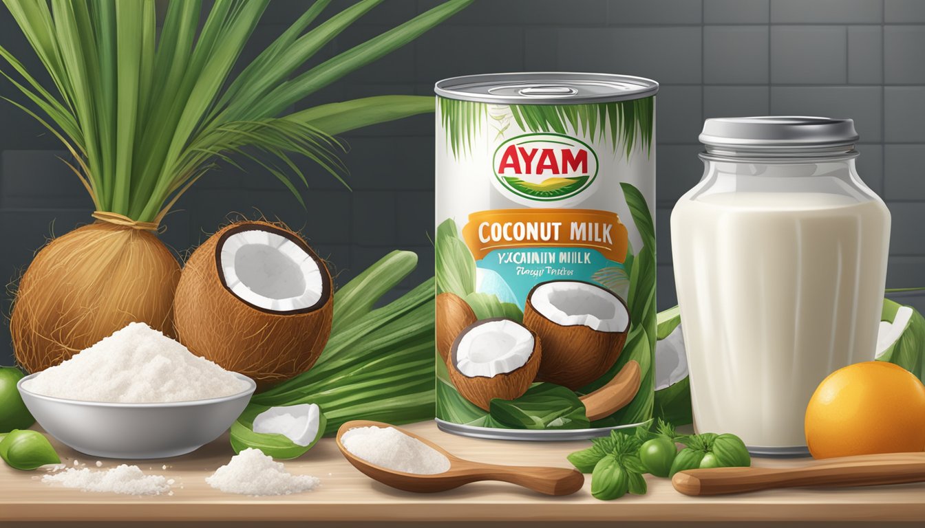 A can of Ayam Brand coconut milk sits on a kitchen counter, surrounded by fresh ingredients and cooking utensils, ready to be used in a delicious culinary creation