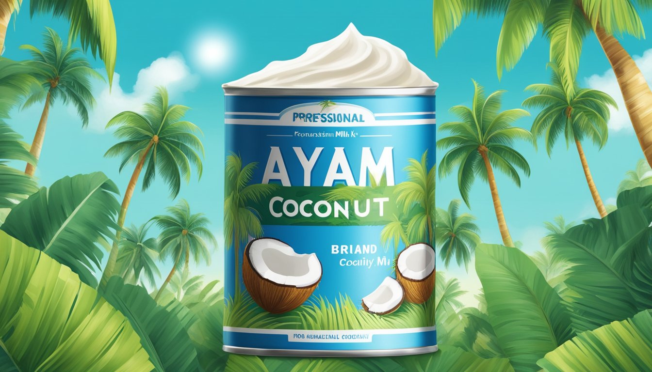 A can of Ayam Brand coconut milk surrounded by lush coconut trees and a clear blue sky, symbolizing product quality and sustainability