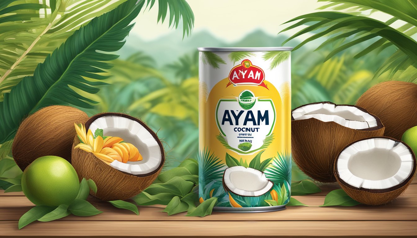 A can of Ayam Brand coconut milk stands on a wooden table, surrounded by tropical fruits and plants. The label prominently displays the product name and logo