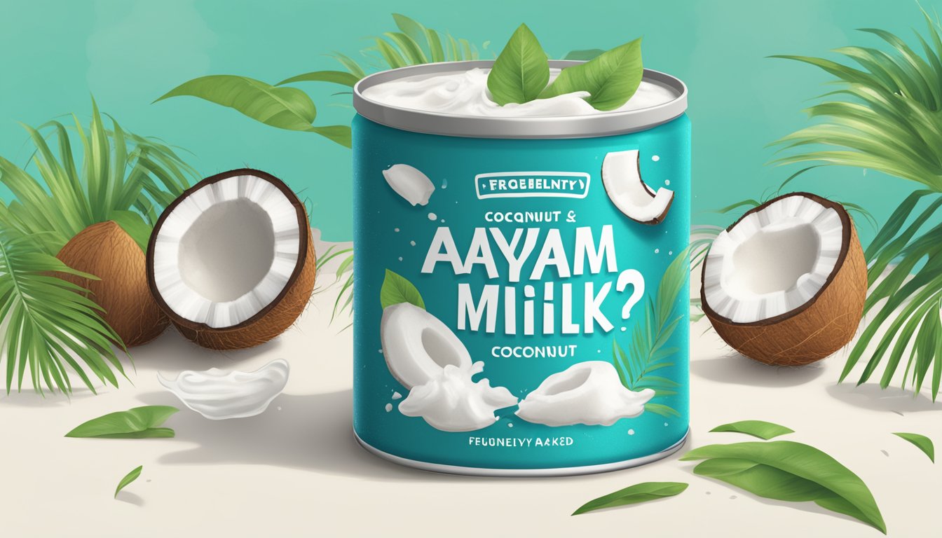 A can of Ayam Brand coconut milk surrounded by floating question marks and a bold "Frequently Asked Questions" title