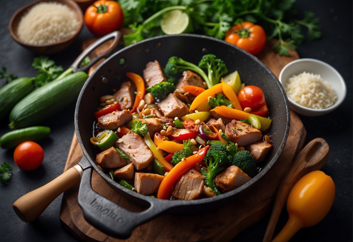 Sizzling pan of pork stir fry with colorful vegetables and aromatic spices