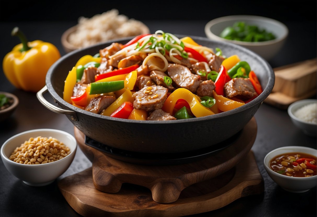 Sizzling wok with marinated pork, sliced ginger, garlic, and colorful bell peppers. Bowls of soy sauce, oyster sauce, and cornstarch nearby