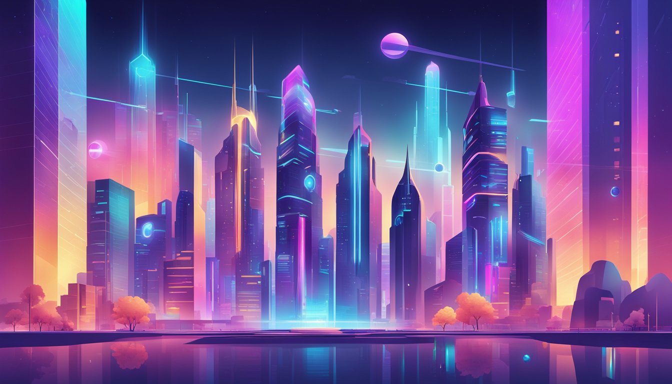 A sleek, futuristic cityscape with holographic icons floating above buildings. Bright, vibrant colors and clean, minimalist designs represent the cutting-edge technology and innovation of the brand