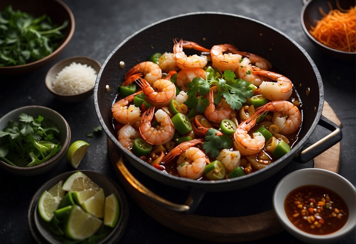 A sizzling wok filled with plump, juicy prawns, stir-fried with ginger, garlic, and soy sauce. Surrounding ingredients like scallions, chili peppers, and cilantro add vibrant pops of color to the dish
