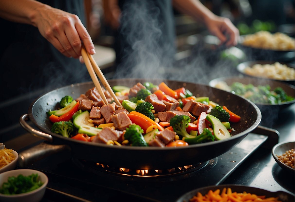 Fresh vegetables being chopped, marinated pork sizzling in a wok, and aromatic sauces being added to create an authentic Chinese pork stir-fry