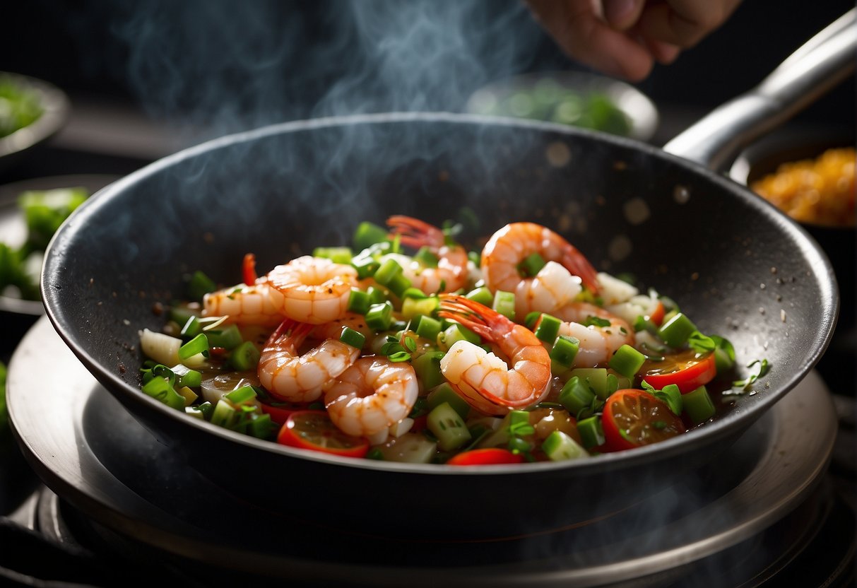 A sizzling wok tosses marinated prawns with ginger, garlic, and soy sauce, filling the air with a savory aroma. Green onions and chili peppers add a pop of color to the dish
