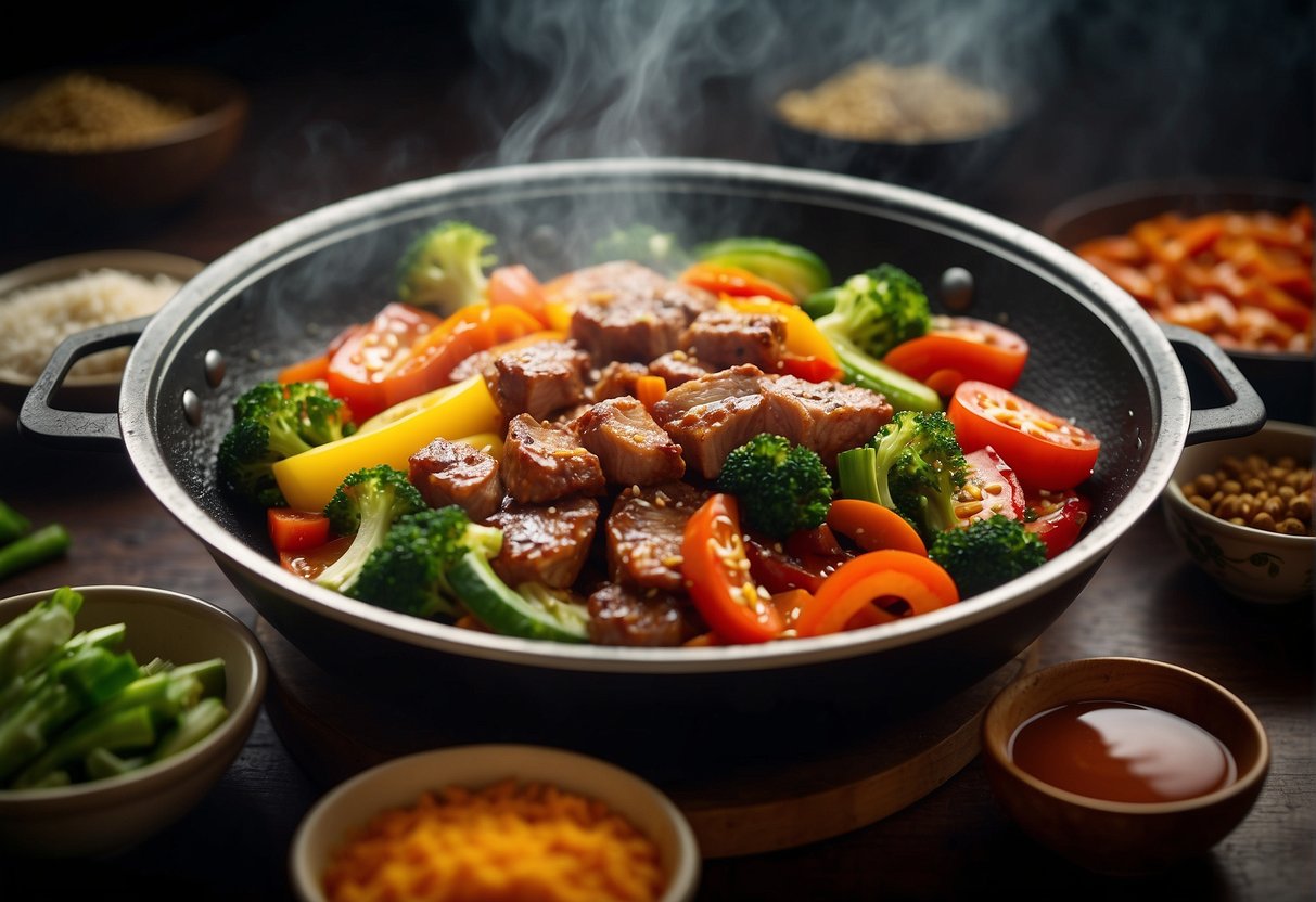 Sizzling pork strips with colorful vegetables in a wok, steam rising, surrounded by traditional Chinese spices and condiments