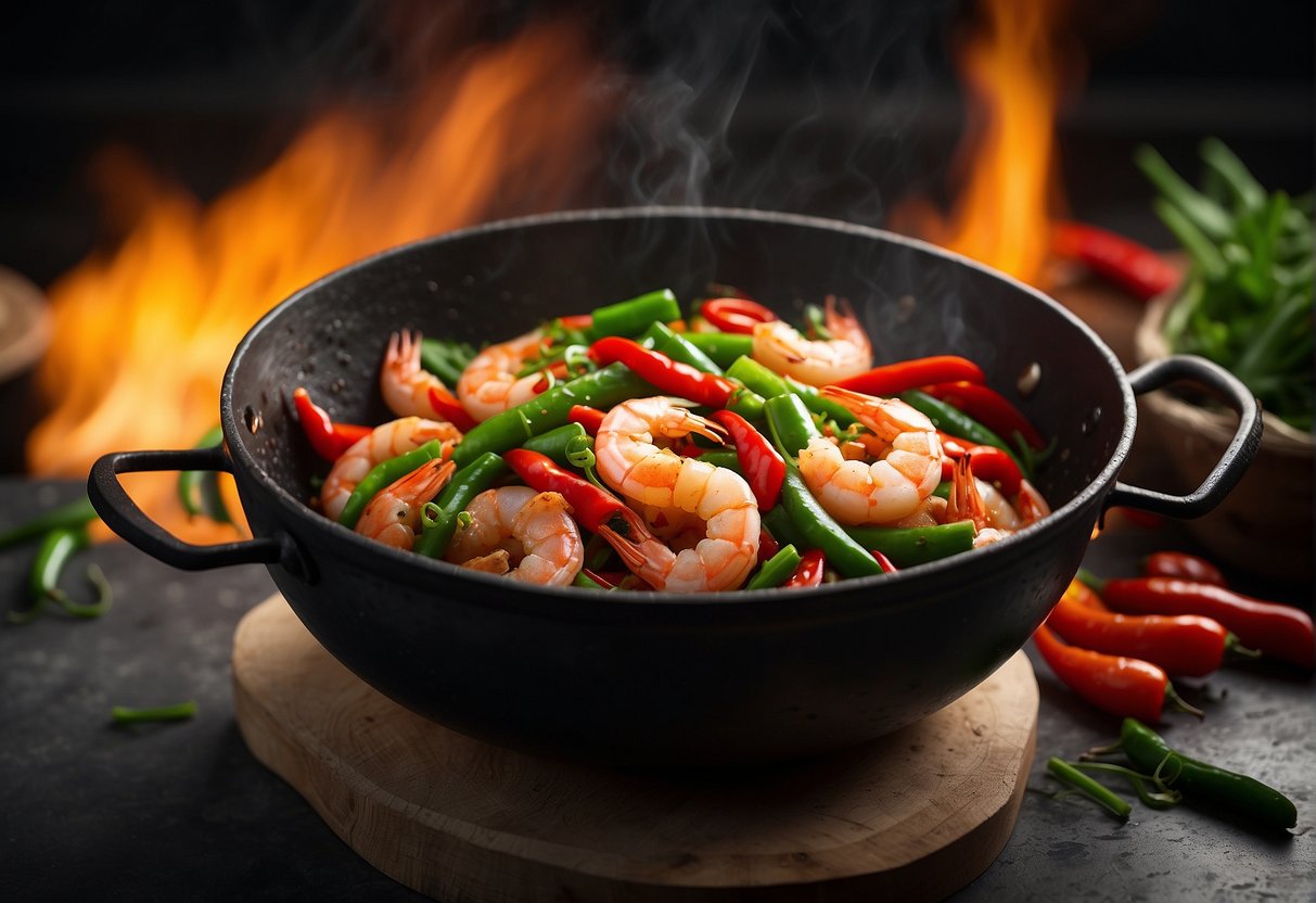 A wok sizzles with plump prawns, garlic, ginger, and soy sauce, surrounded by vibrant green scallions and fiery red chili peppers