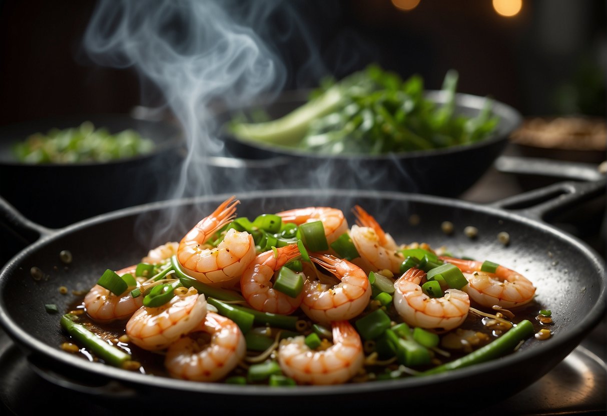 A steaming wok sizzles with plump prawns, ginger, and garlic, while soy sauce and sesame oil add depth to the aroma. Green onions and cilantro garnish the dish, creating a vibrant and enticing visual