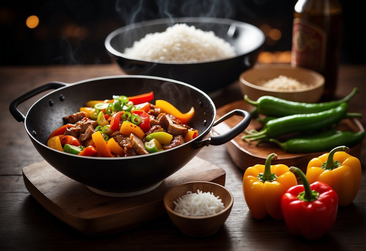 A sizzling wok filled with tender pieces of marinated pork, colorful bell peppers, and aromatic ginger and garlic, with a side of steamed jasmine rice and a bottle of soy sauce