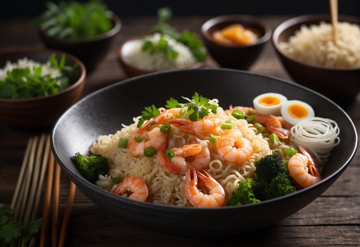 A table set with steaming bowls of prawn fried rice and noodle dishes, garnished with fresh herbs and served with chopsticks