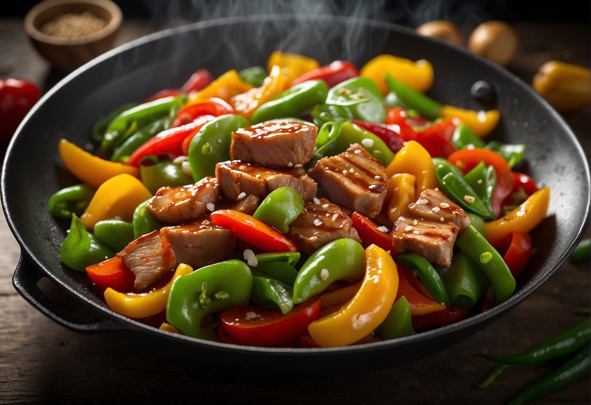 A sizzling wok filled with tender slices of marinated pork, colorful bell peppers, and crisp snow peas, all tossed in a savory and aromatic Chinese stir-fry sauce