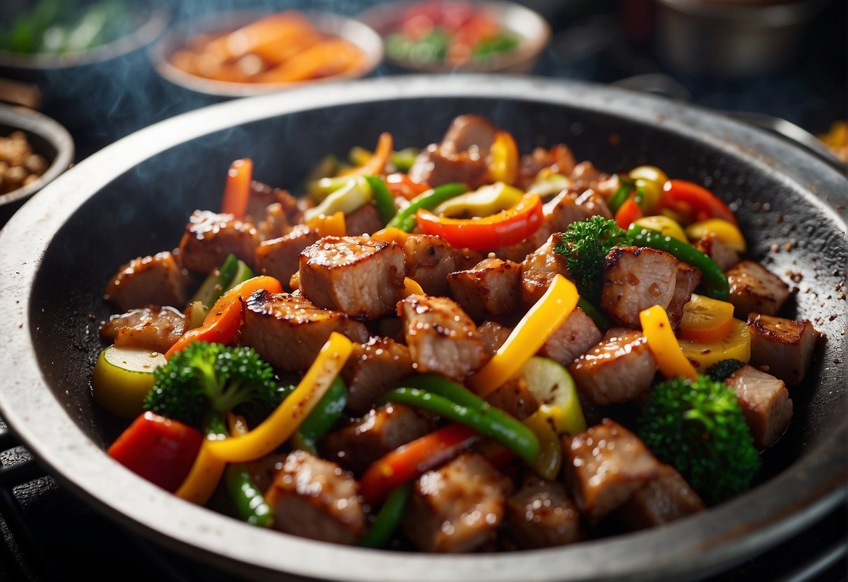 A sizzling wok filled with tender chunks of marinated pork, vibrant vegetables, and aromatic spices, creating an enticing aroma that fills the air