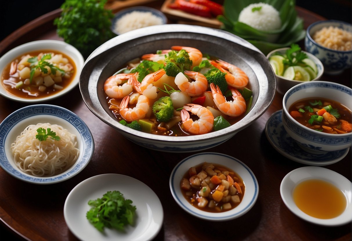 A table set with various authentic Chinese prawn dishes, including prawn stir-fry, prawn dumplings, and prawn noodle soup, surrounded by traditional Chinese condiments and garnishes