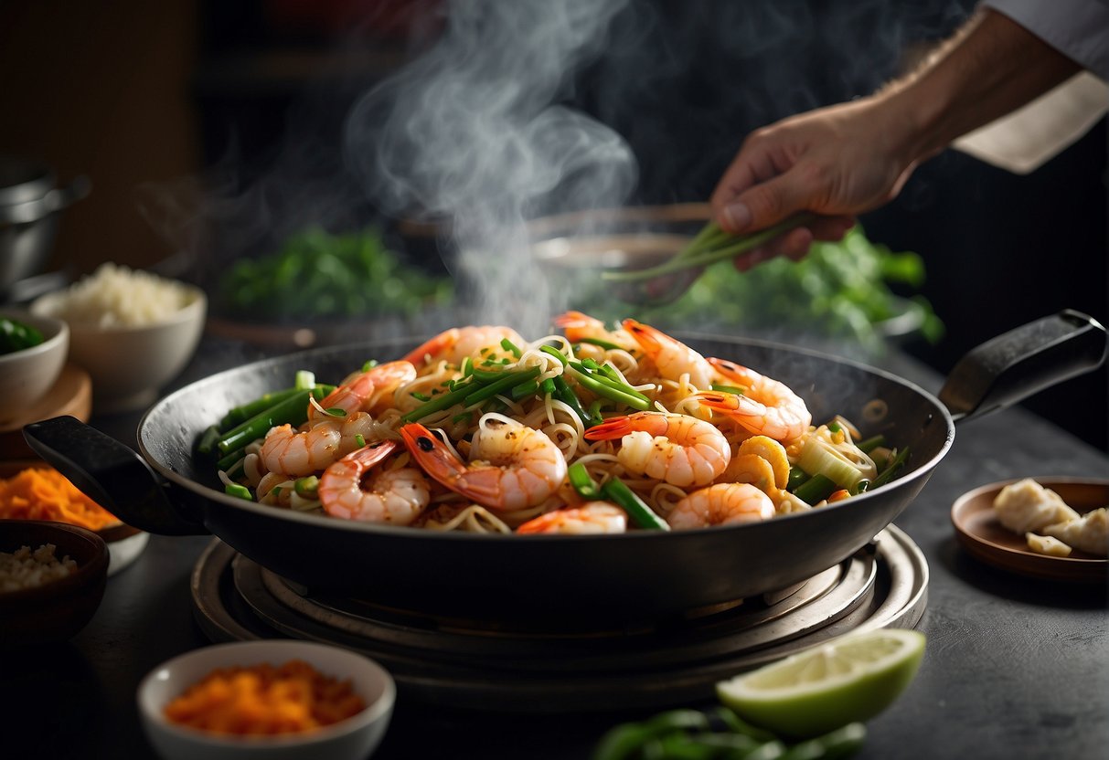 A steaming wok sizzles with fresh prawns, ginger, and garlic. A chef's hand tosses in soy sauce and green onions