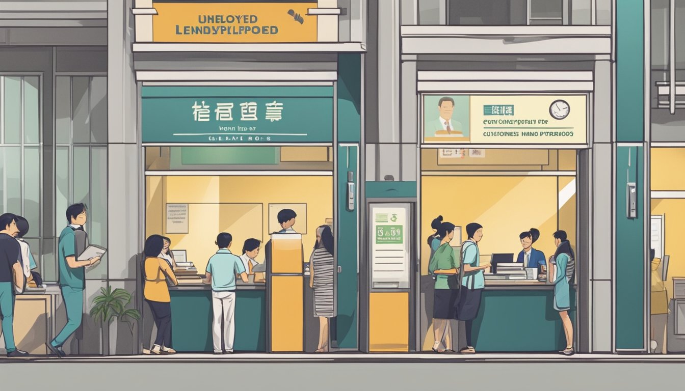 A money lender's office in Singapore with a sign displaying "Money Lending for Unemployed." Customers wait in line while a clerk processes paperwork