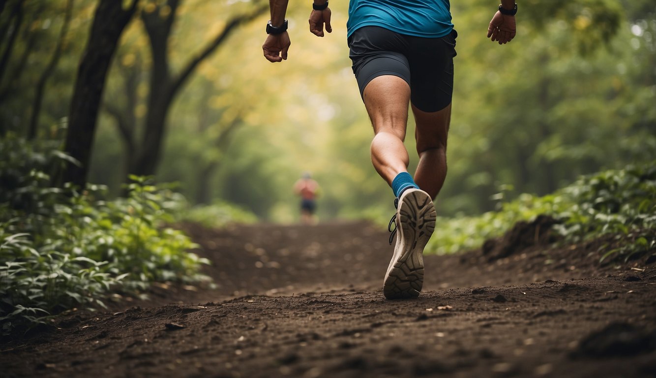 A person running on uneven ground, causing strain on their hip
