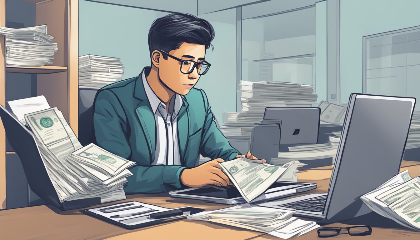 A person sitting at a desk with a laptop, surrounded by financial documents and a calculator. A worried expression on their face as they consider borrowing from a money lender for the unemployed in Singapore
