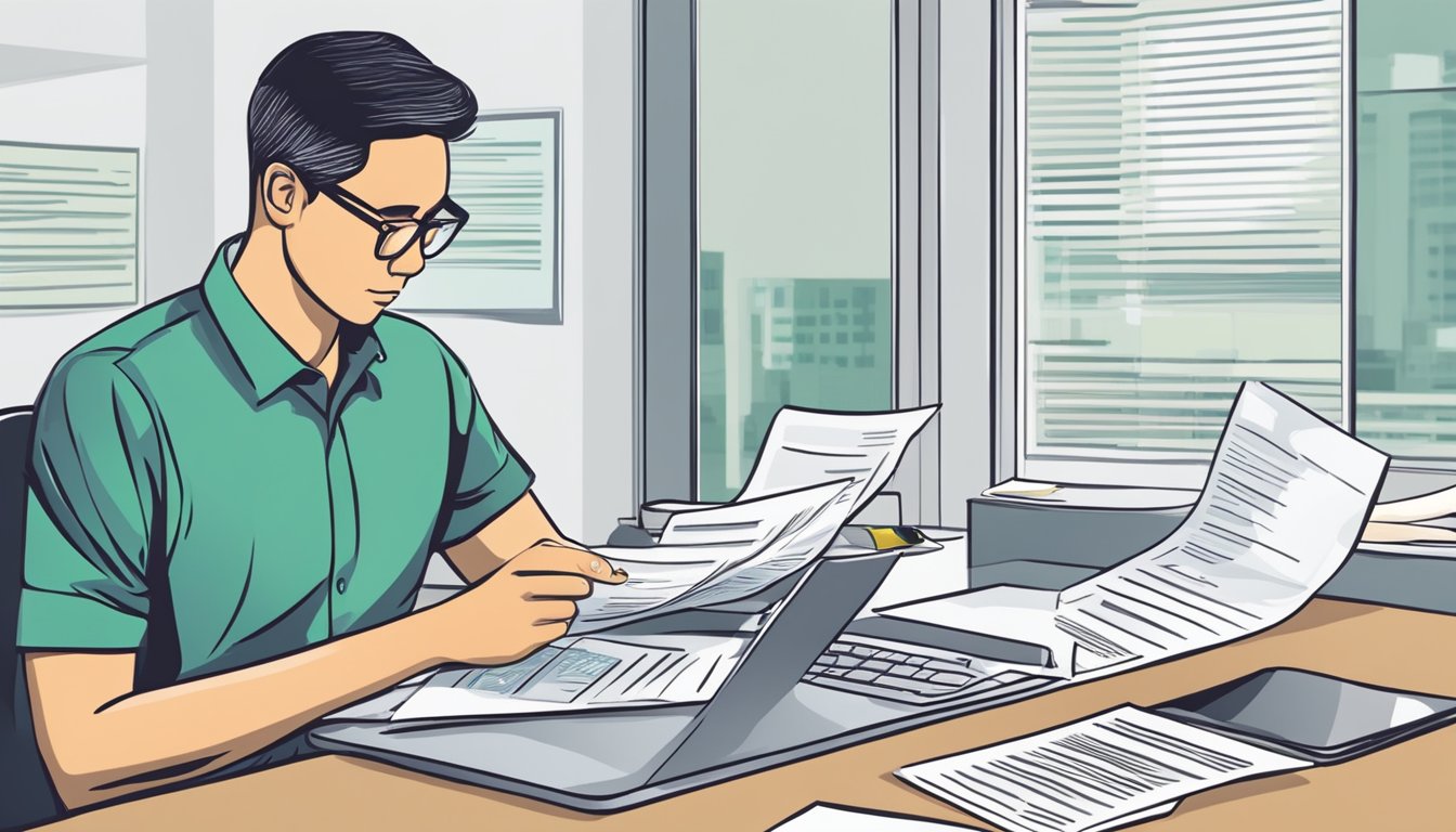 A person sitting at a desk, filling out loan application forms with a Singapore money lender. The lender reviews the documents and discusses terms with the applicant