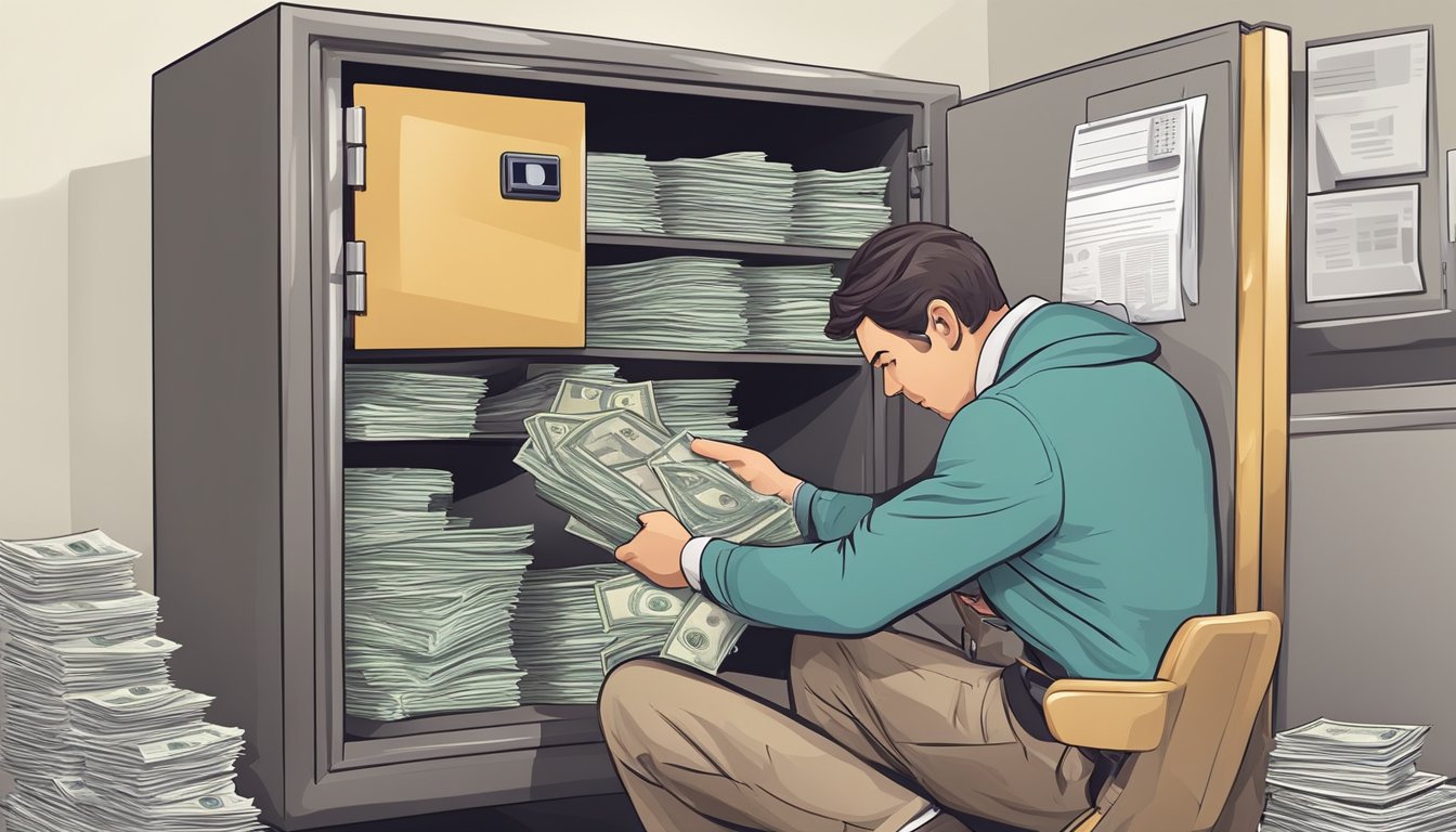 A person locks their financial documents in a secure safe, while shredding old bills and monitoring their credit report for any suspicious activity