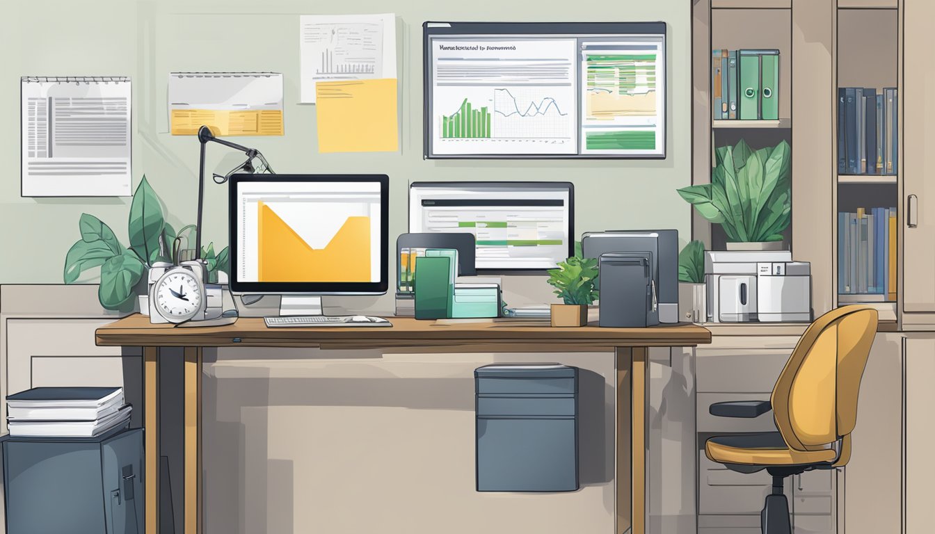 An office desk with a computer, paperwork, and a phone. A sign on the wall reads "Additional Resources for Financial Support money lender for unemployed in Singapore."
