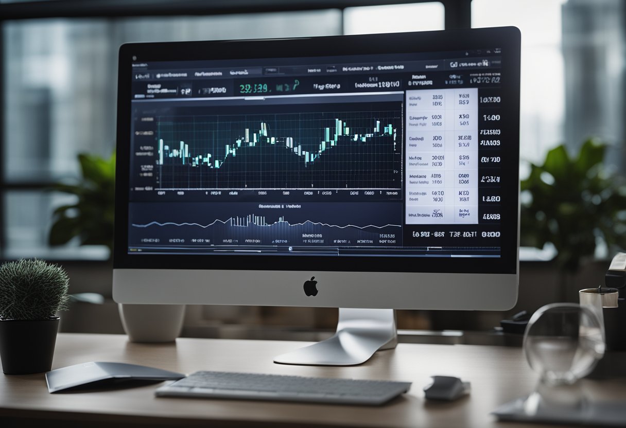 A computer screen displaying a user-friendly interface with financial data and charts. A small business logo in the corner