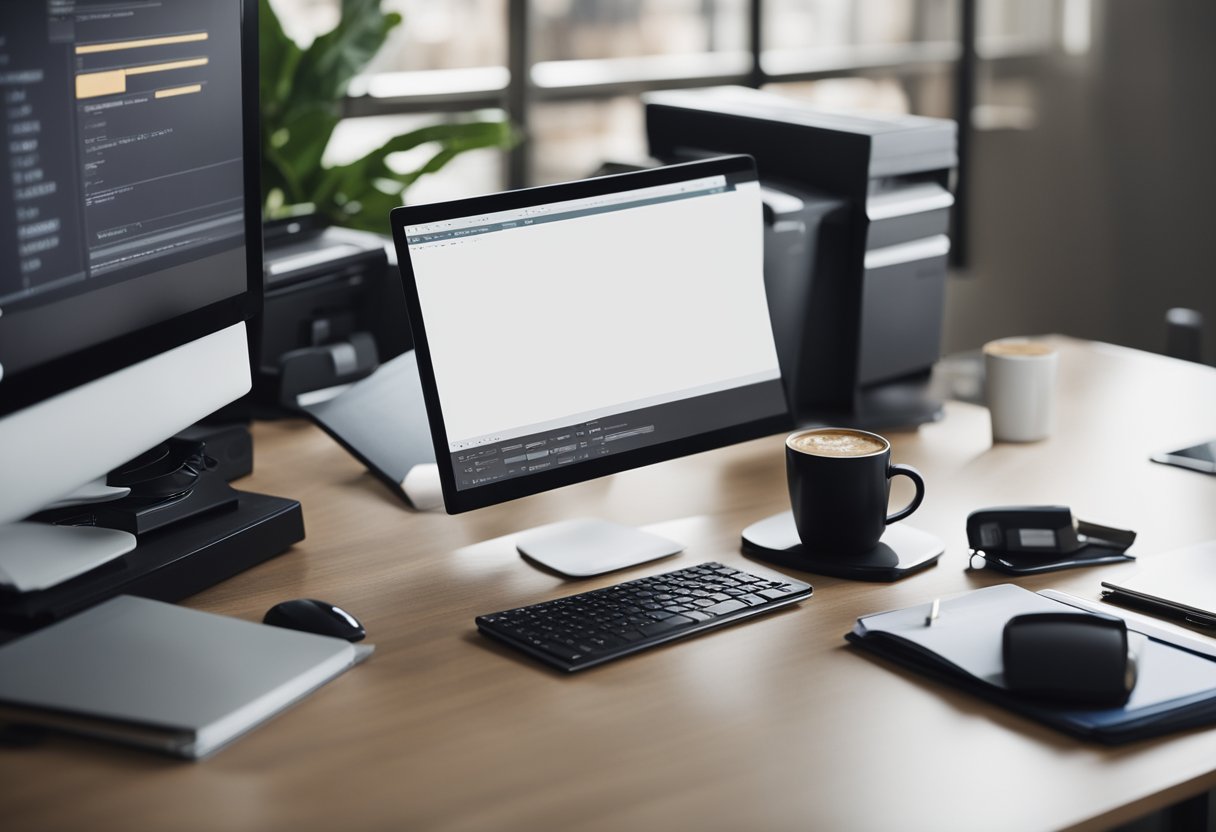 A small office desk with a computer and accounting software displayed on the screen, surrounded by files, a calculator, and a cup of coffee