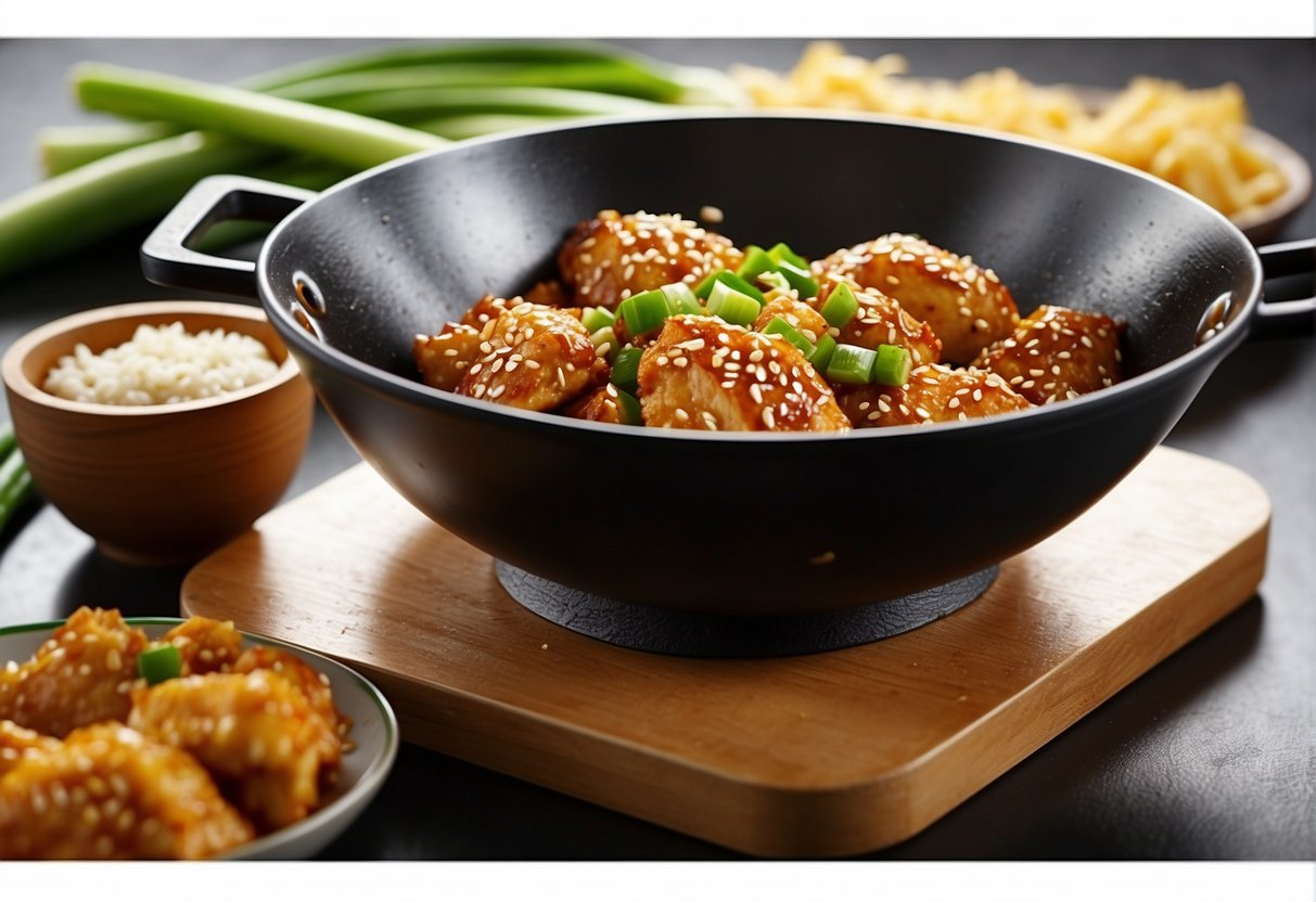 A wok sizzles with golden brown chicken coated in a glossy sesame sauce, garnished with sesame seeds and green onions