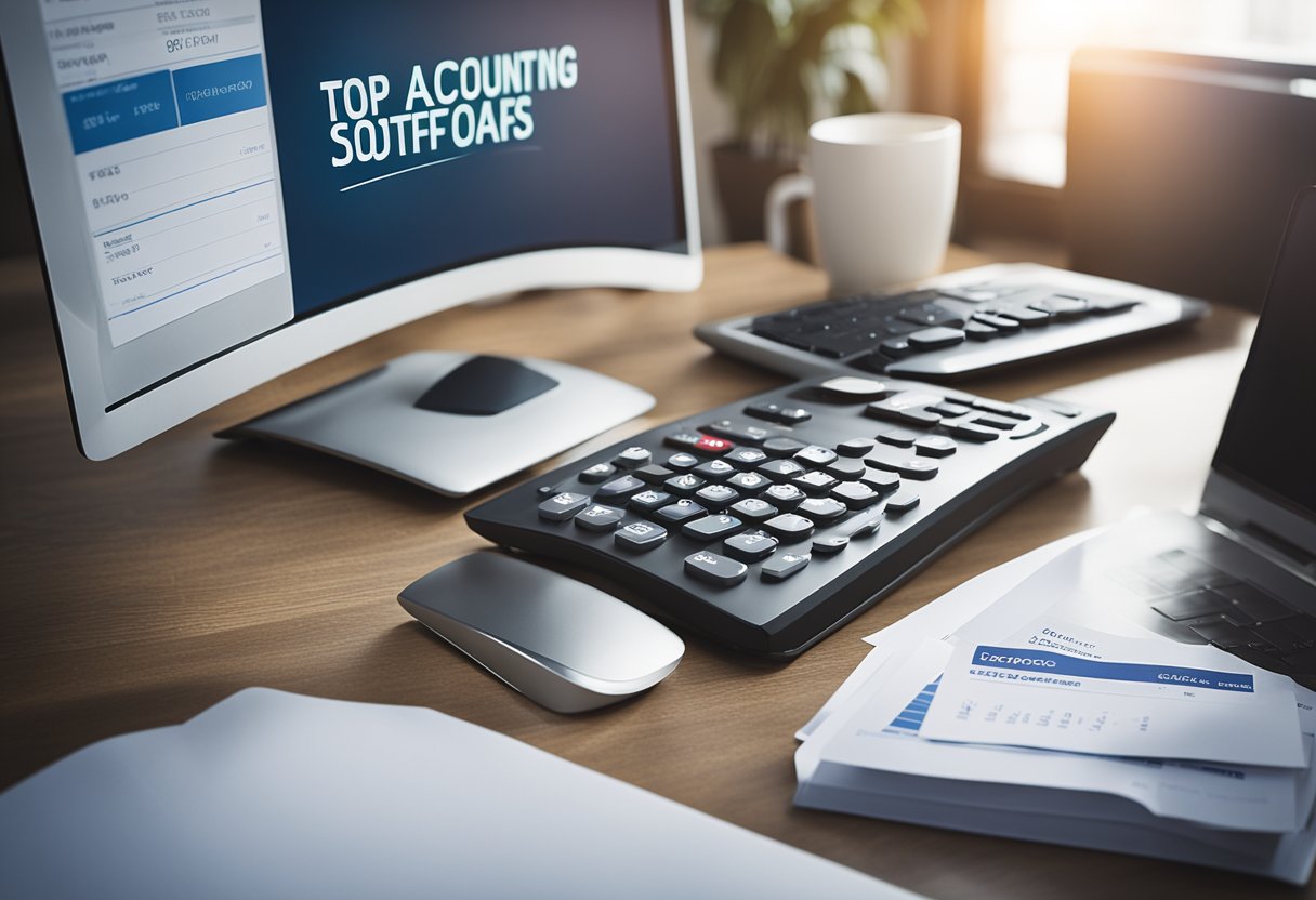 A desk with a computer, calculator, and files. A sign reading "Top Accounting Software Options" is displayed