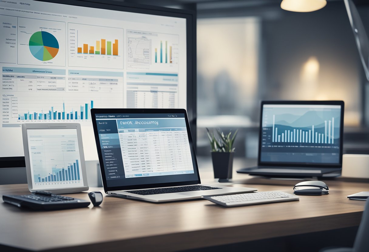 A desk with a computer, calculator, and paperwork. Charts and graphs on the screen. "Best Accounting Software" title on the monitor