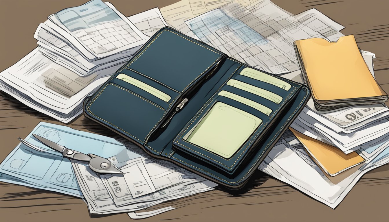 An empty wallet sits on a table, surrounded by unpaid bills and a list of borrowed amounts. A sense of desperation and uncertainty looms in the air