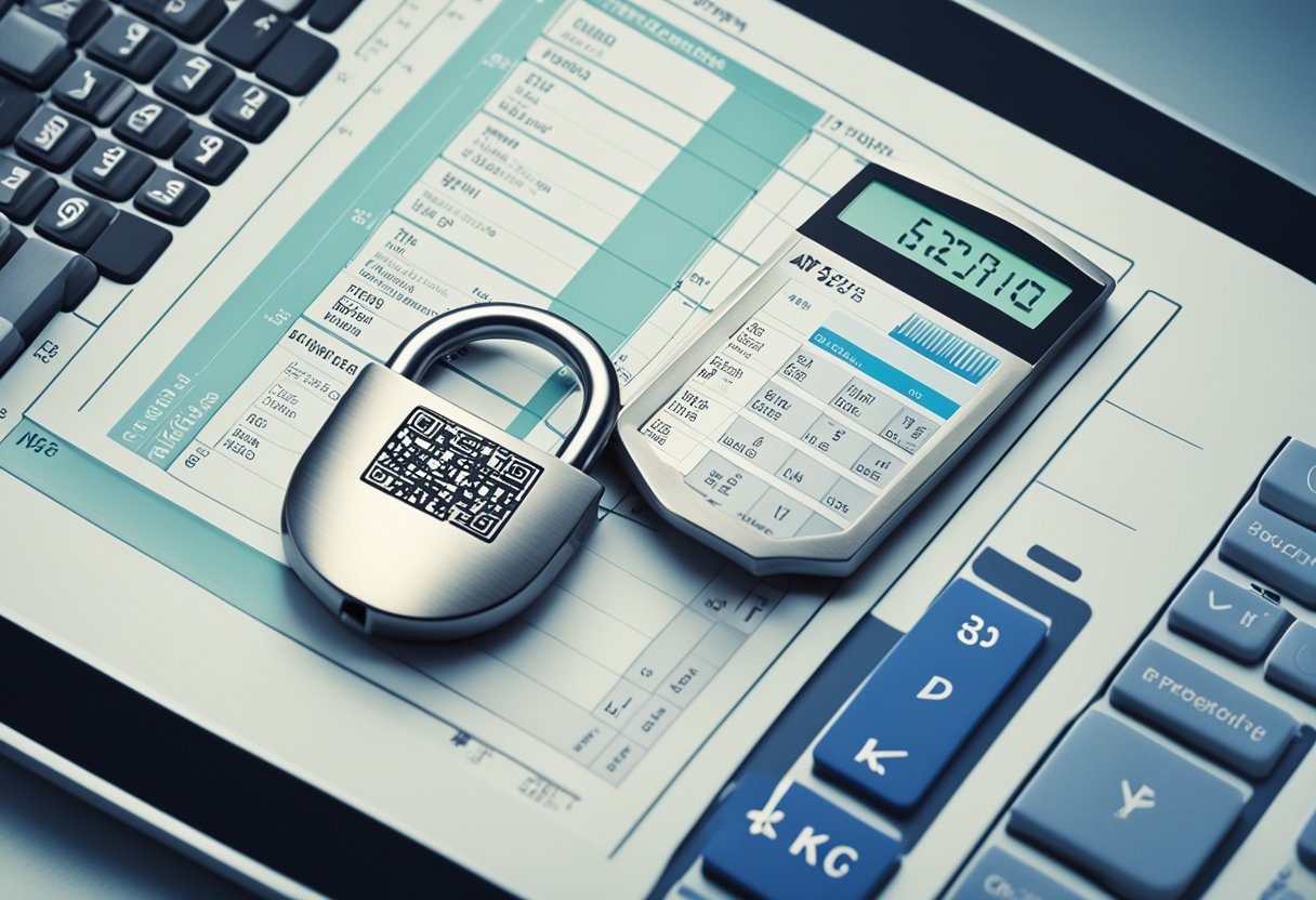A computer screen displaying secure accounting software with a padlock icon, surrounded by small business-related items such as invoices, receipts, and a calculator