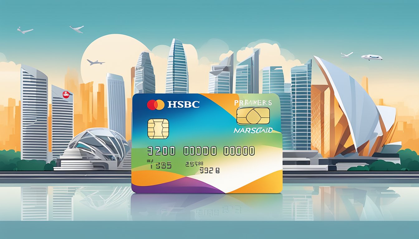 A sleek HSBC Premier Mastercard Credit Card is displayed against a backdrop of iconic Singapore landmarks, showcasing its key features and benefits