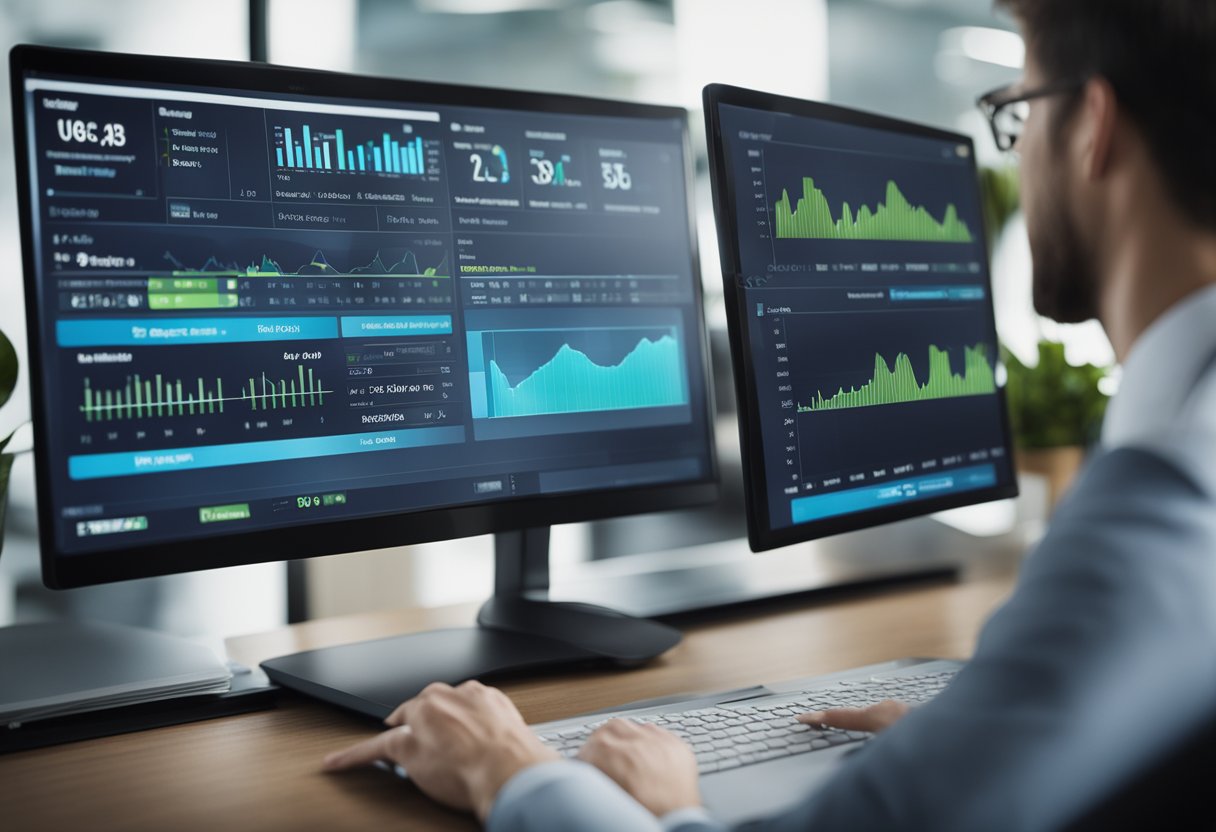 A computer screen displays accounting software interface with organized financial data and user-friendly features for small businesses