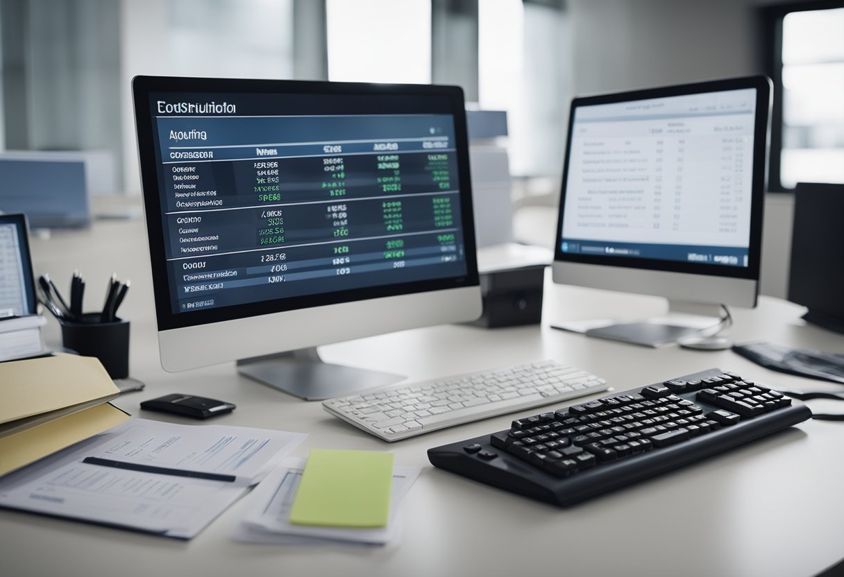 A clean and organized desk with a computer displaying accounting software, a stack of financial documents, and a calculator. No employees present