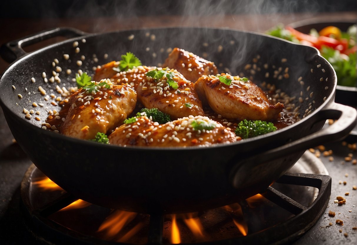 A sizzling wok tosses marinated chicken in a rich, glossy sauce, with a sprinkle of sesame seeds. A waft of savory aroma fills the air