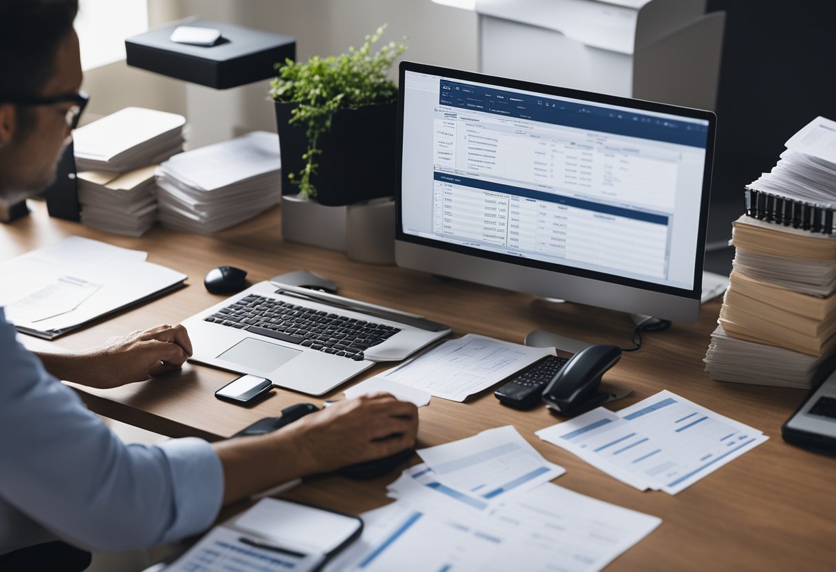 A small business owner sits at a desk, surrounded by paperwork and a computer. A stack of receipts and invoices is neatly organized, while a user-friendly accounting software is open on the computer screen