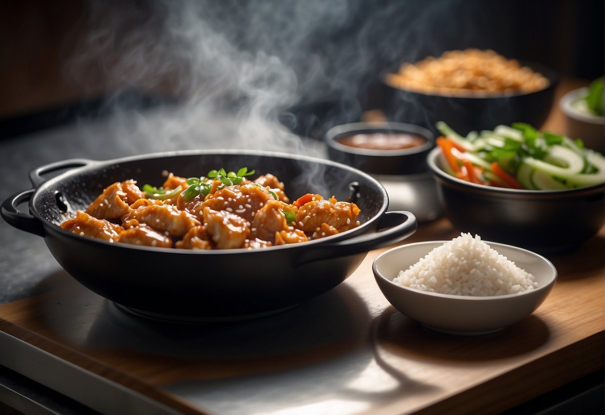 A wok sizzles with tender chicken, coated in a glossy sesame sauce. Bowls of soy sauce, rice wine, and sesame oil sit nearby. Cornstarch and sugar are measured out on a countertop