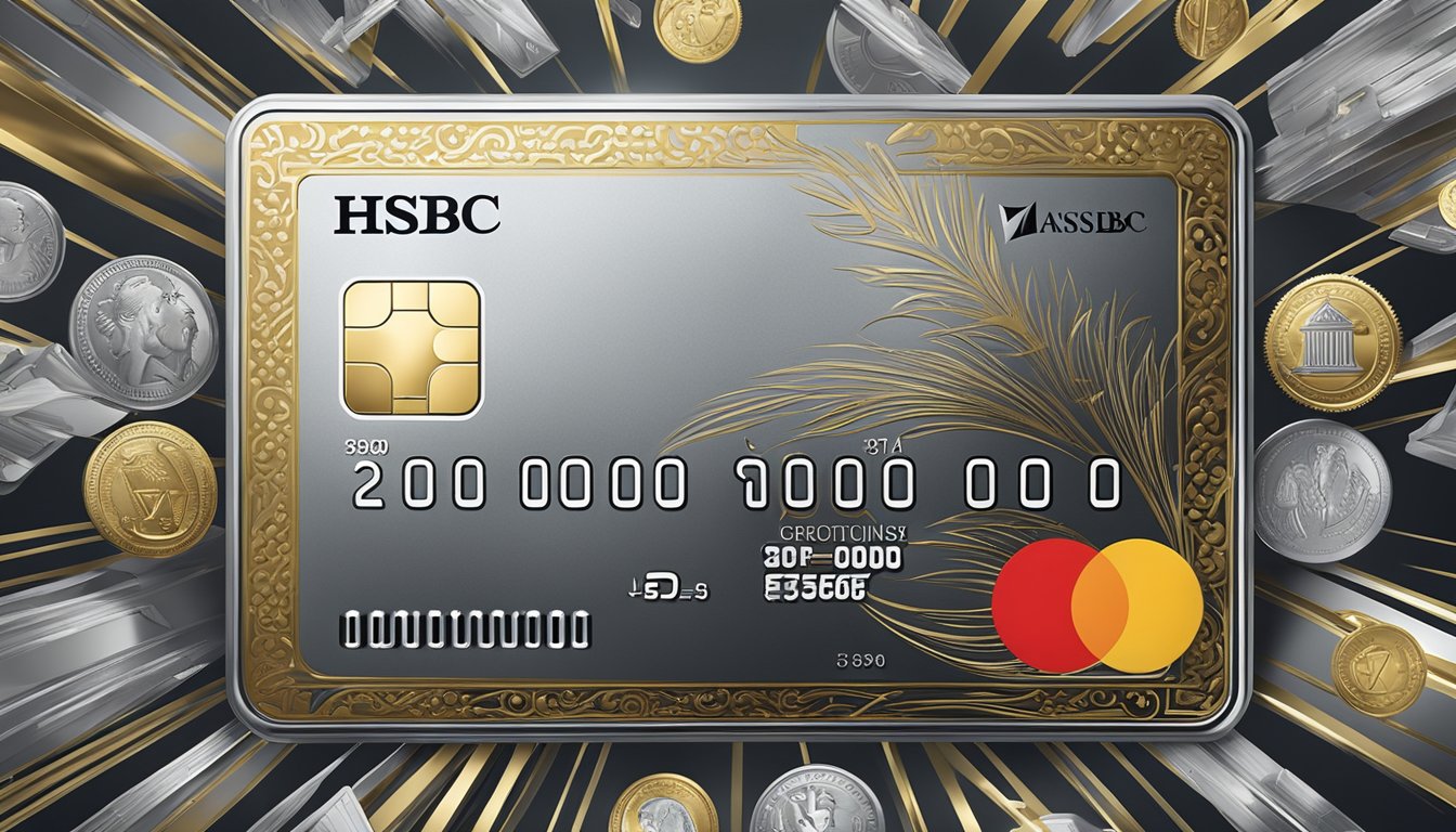 The HSBC Premier Mastercard Credit Card gleams with gold and silver, surrounded by symbols of luxury and prestige