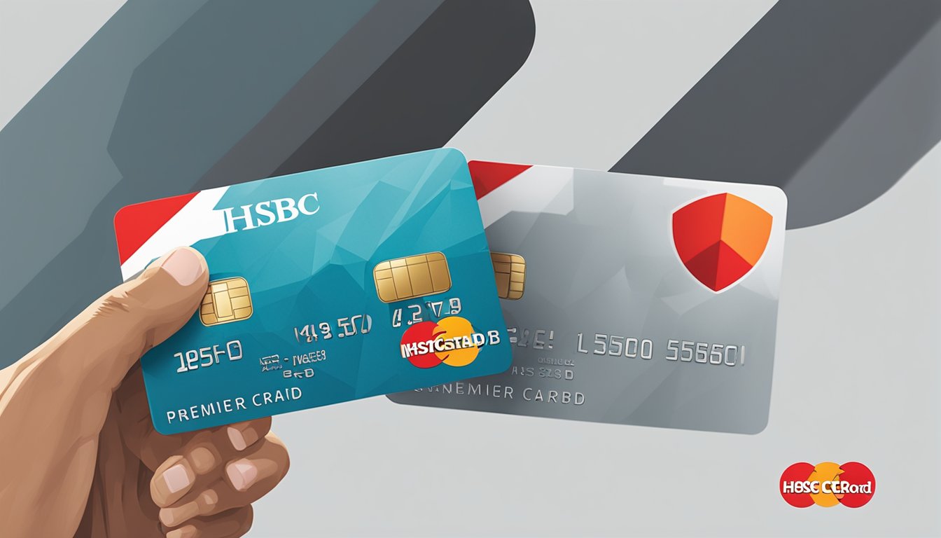A hand holding two HSBC credit cards, one labeled "Premier Mastercard" and the other "Singapore," with the HSBC logo visible