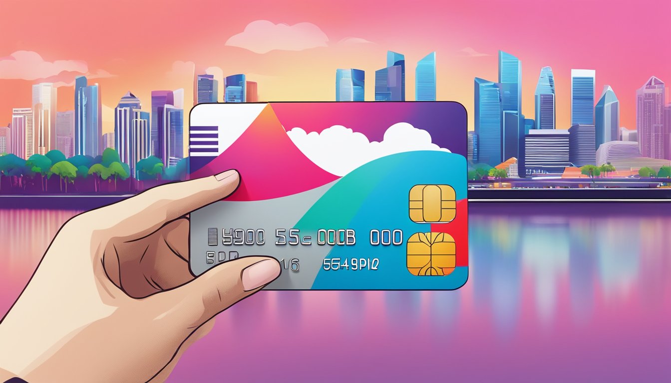 A hand holding an HSBC Premier Mastercard Credit Card with Singapore skyline in the background. Bright colors and modern design
