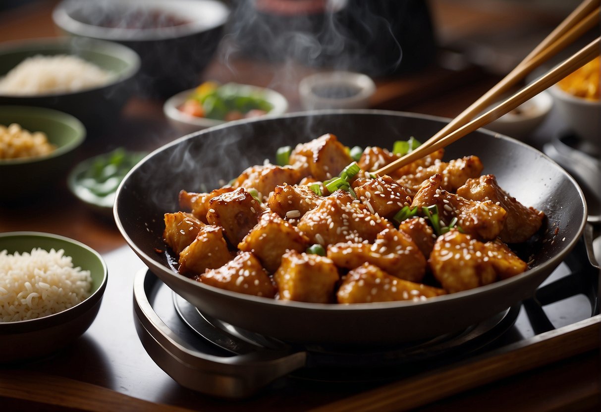 A wok sizzles with golden brown chicken pieces coated in a glossy sesame sauce. A pair of chopsticks hovers over the dish, ready to serve