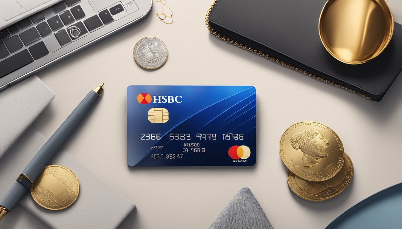 A sleek HSBC Premier Mastercard sits on a modern desk, surrounded by luxury lifestyle items. The card's logo gleams in the soft light, exuding sophistication and exclusivity