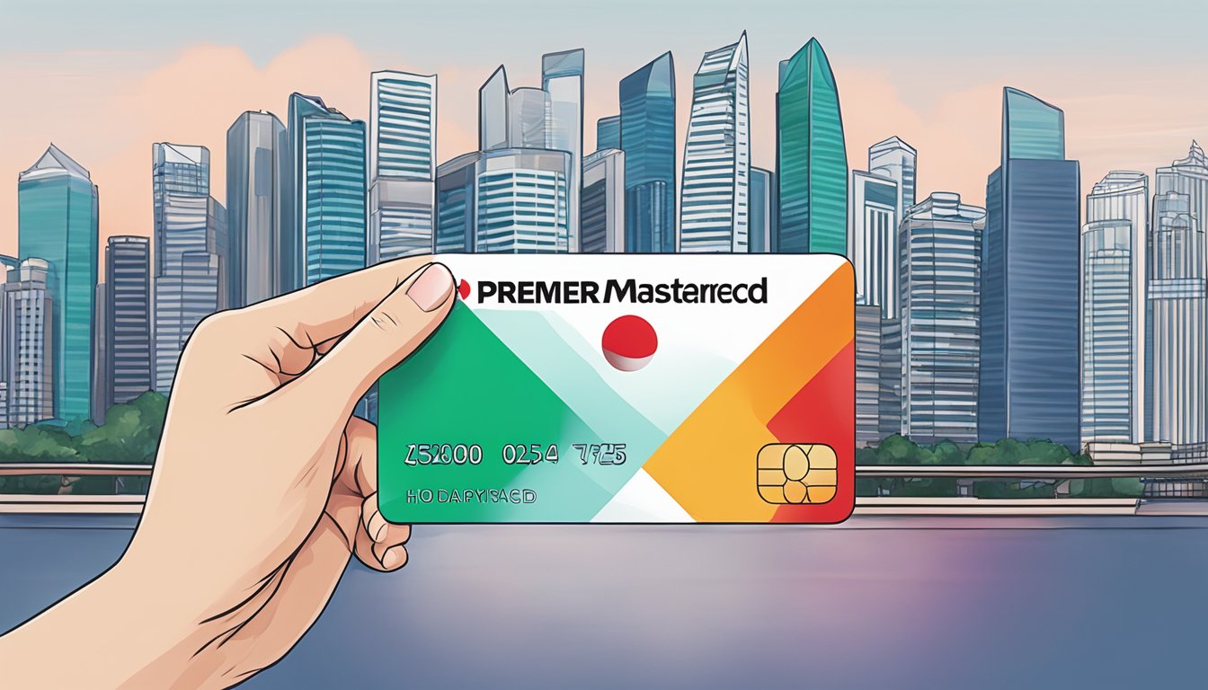 A hand holding an HSBC Premier Mastercard with Singapore skyline in the background