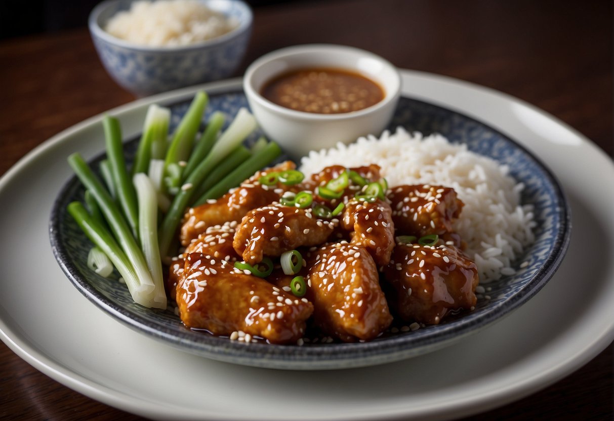 A plate of Chinese sesame chicken with a side of steamed rice and a garnish of sliced green onions and sesame seeds