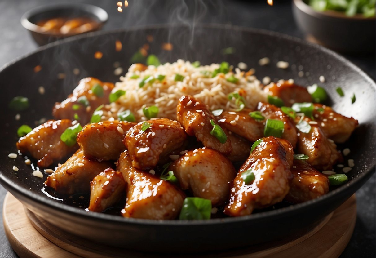 A sizzling wok tosses marinated chicken in a fragrant blend of soy sauce, sesame oil, and ginger, creating an aromatic and flavorful Chinese sesame chicken dish