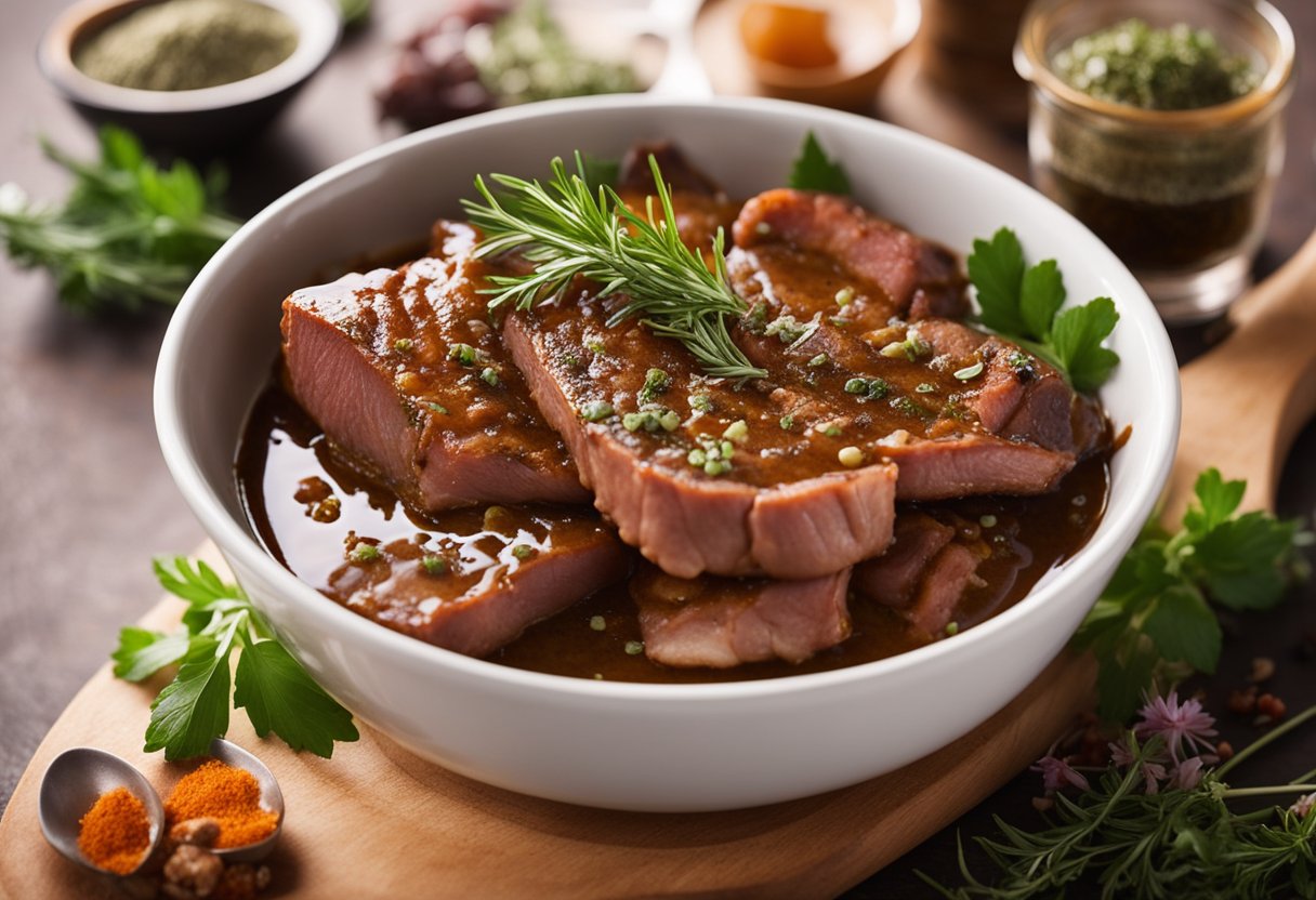 Meat submerged in a bowl of marinade, with herbs and spices scattered around. A brush is used to coat the meat evenly