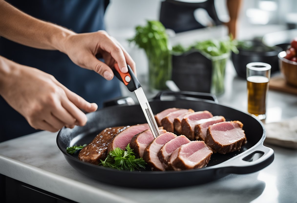A person wearing gloves and using tongs to flip marinating meat on a clean and organized kitchen counter with a meat thermometer nearby