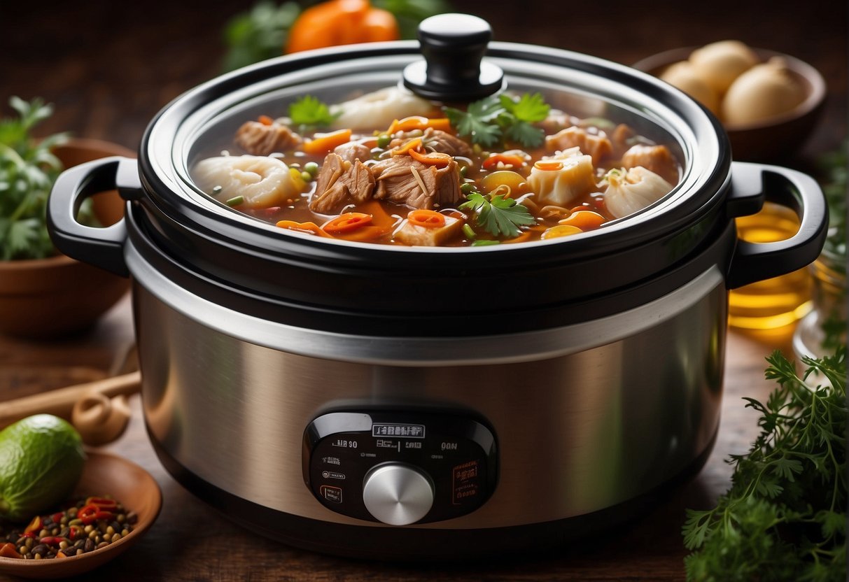 A bubbling slow cooker filled with traditional Chinese ingredients, surrounded by exotic spices and fresh herbs
